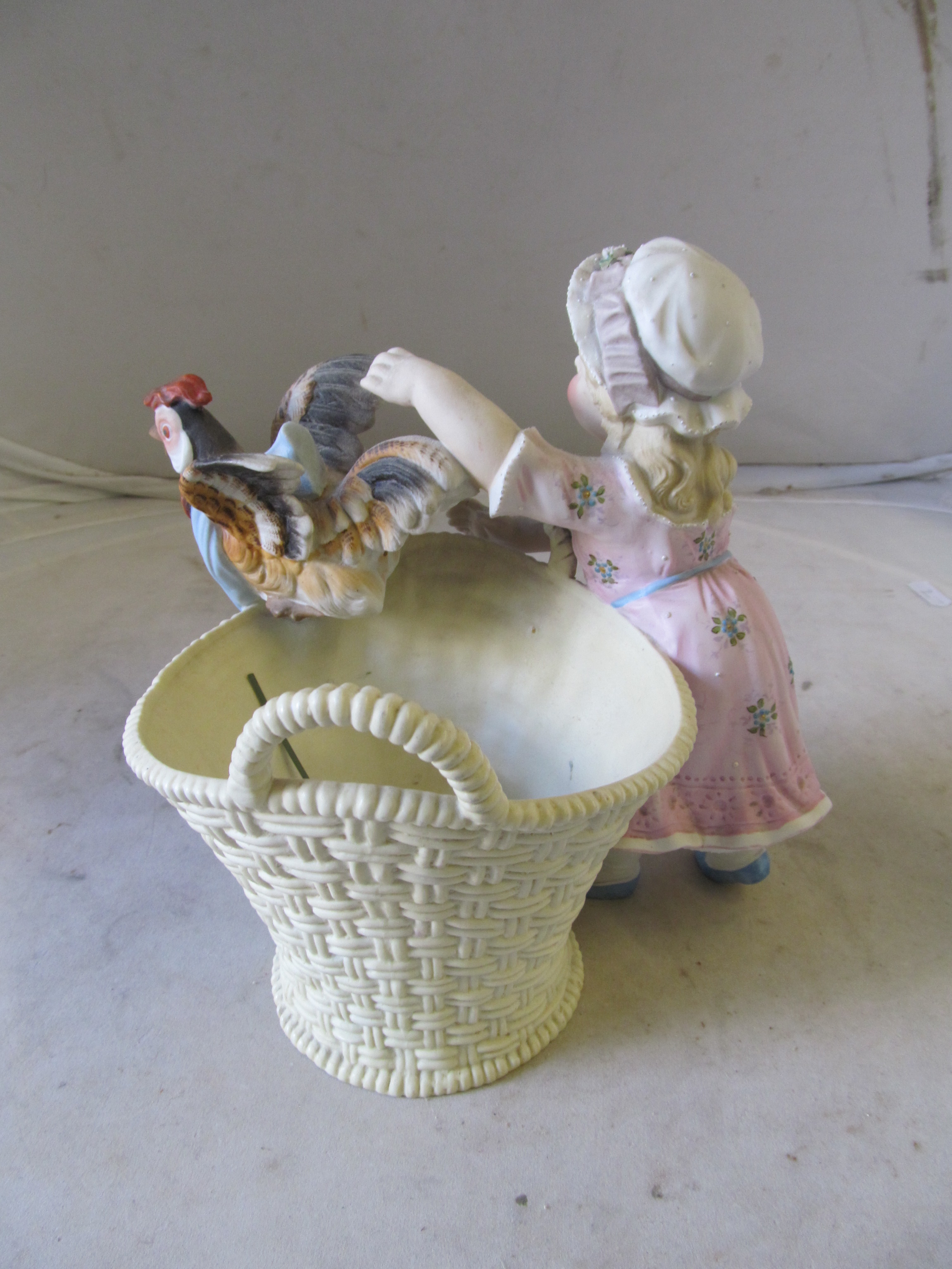 A continental bisque vase girl with cockerel in basket - Image 3 of 4