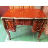A Meuble Francais small Louis XV style desk or five drawers inlaid floral motifs with gilt ormulu