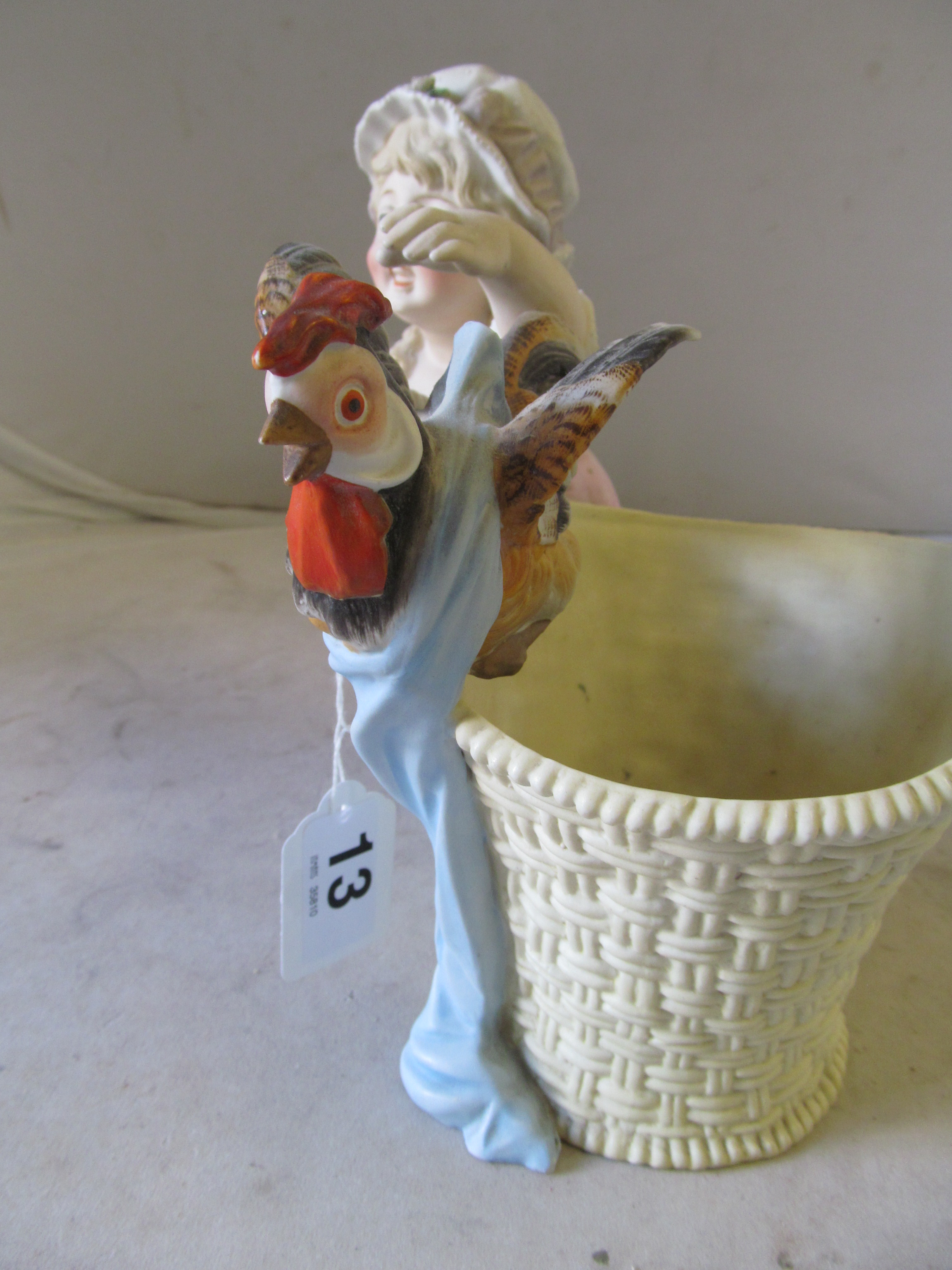 A continental bisque vase girl with cockerel in basket - Image 2 of 4