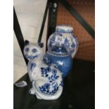 A Masons pottery ginger jar, another ginger jar and a blue and white cat