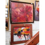 Elizabeth Jane Battersby - oil on canvas 'Emily and Dahlias' and four other abstract oils