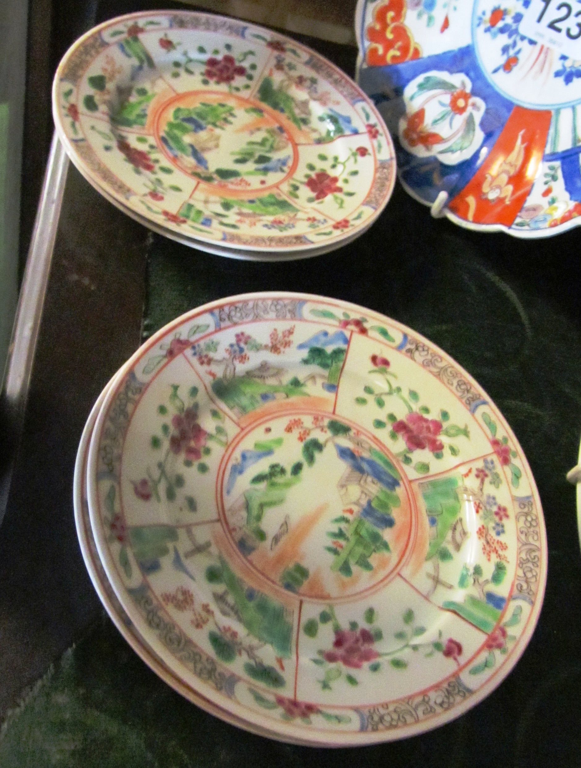An Imari fluted edge plate and four famille rose side plates, 3 cups,3 saucers an a plate - Image 3 of 3