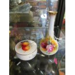 A small Royal Worcester vase painted roses (a/f) and a lidded pot painted fruit