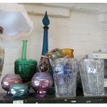 A tall blue glass decanter other coloured glass and a pair of clear glass vases (sa/f)