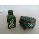 Three items green glass (a/f) and a jewellery box