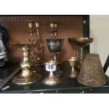 Two pairs of brass candlesticks and other brass