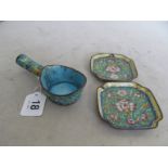 Two cloisonné dishes and an enamel spoon