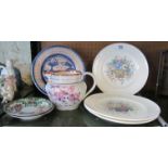 A 19th Century lustre jug, blue and white pottery plate, three Royal Worcester Crown Ware plates and