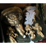 Two gilt cherub wall brackets (1 s/a/f), three gilt cherub ornaments and a white dish supported by