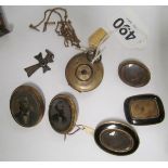 Three Victorian hair brooches, a photo locket and two brooches, a cross and chain