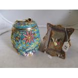 A pottery tobacco jar and a German pottery dish gnome with goose impressed mark WS & S
