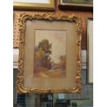A Victorian watercolour girl with geese on country lane, signed Kinnard? in gilt frame.