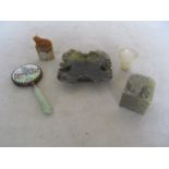 Green ornamental dish, two animal seals, small hand mirror and cup
