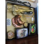 A brass elephant door knocker, brass sovereign holder, penknives etc