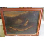 A History Institute edition Audubon print Mallard Duck and an oil on canvas trout (a/f) in walnut