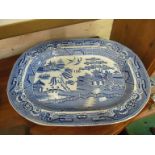 Two large willow pattern meat plates