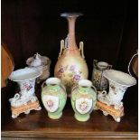A Worcester style vase decorated flowers, pair of green glazed vases hand painted flowers and a