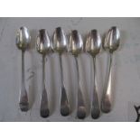 A set of six Georgian silver spoons, four other silver spoons and a silver handled cake slice