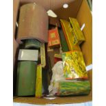 A quantity of wooden and tinplate model railway accessories, tunnels, stations etc