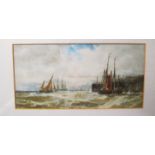 T.B. Hardy watercolour sailing boats by harbour wall, signed and dated 1889.