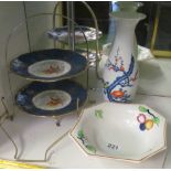 Two H & H pheasant plates with stand, a bowl and a vase