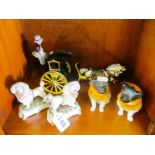 A horse and carriage ornament, pair of china pug dogs and a pair of Staffordshire style poodles