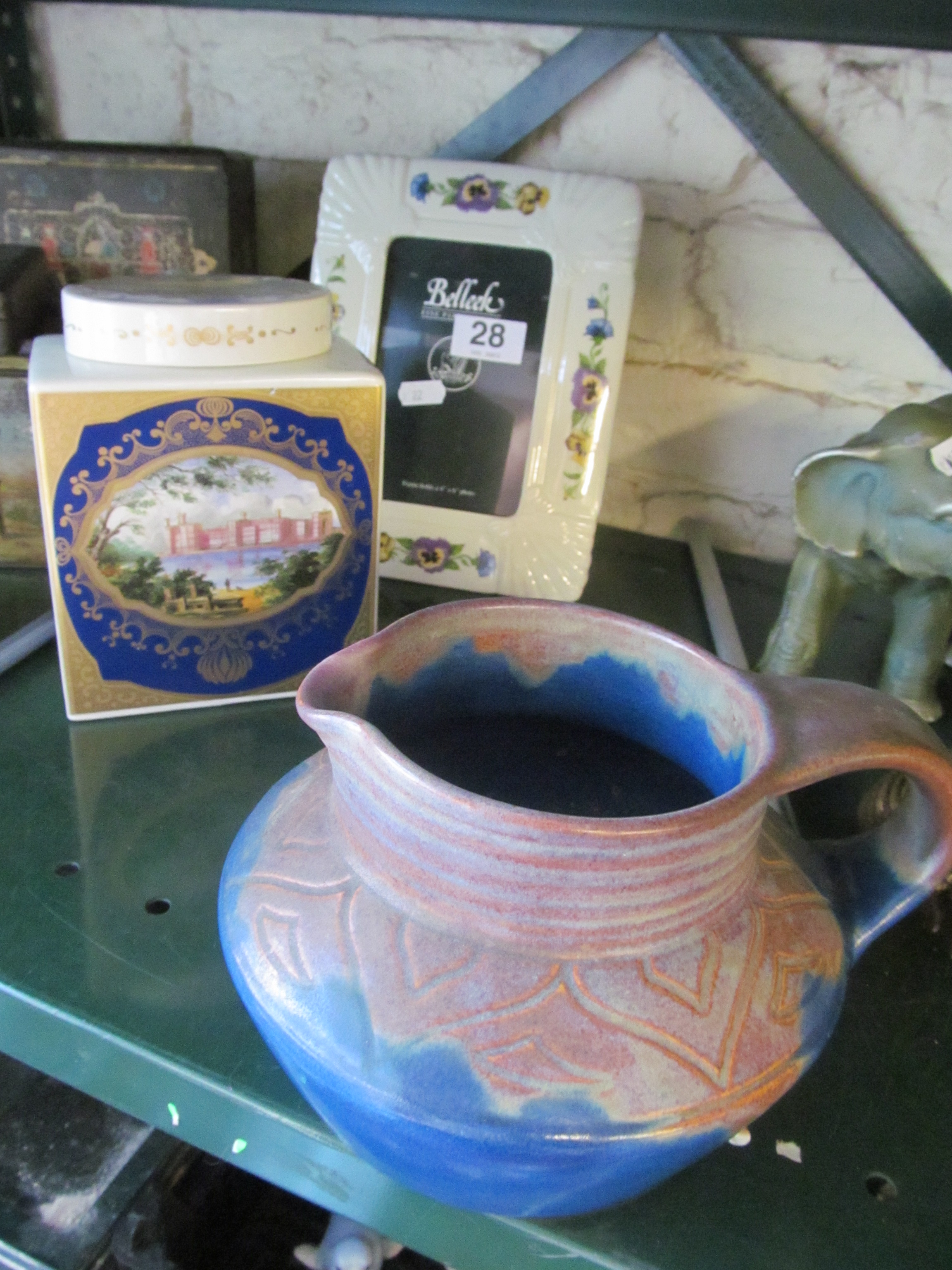 A Royal Cauldron china teacaddy, Bourne Denby jug and modern Belleek photoframe