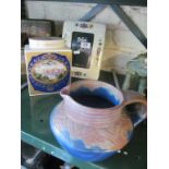 A Royal Cauldron china teacaddy, Bourne Denby jug and modern Belleek photoframe