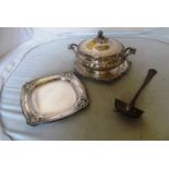 A French plate of pierced floral design, ladle and a French lidded tureen and stand signed Cauar