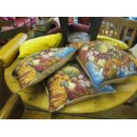 A set of four cushions printed still life fruit and flowers and three velvet cushions