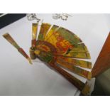 A crystal pendant etched storks, pair earrings and miniature fan