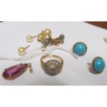 A pink stone pendant, pair turquoise earrings, cluster ring etc