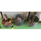 A copper jam pan, kettle and other copper and brass