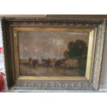 A large oil on canvas cows in river in ornate gilt frame