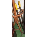 A pair of long handled garden shears, pair short handled garden shears and a weed burner with