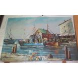 An oil on canvas harbour scene with fishing boats signed BhanRach