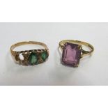 A 9ct gold ring (stone missing) and a 9ct gold purple ring
