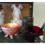 A Victorian opaque glass vase applied flowers, carnival glass bowl, red glass bowl and a shade