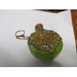 A green stone necklace with marcasite clasp and a chatelaine green scent bottle with gilt mounts
