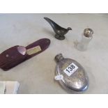 A plated hip flask, silver top jar, pewter mug, pewter bird dish and enamel brush