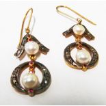 A pair gold diamond pearl earrings