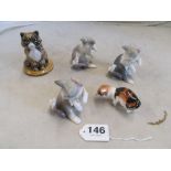 A Wade Glenturret Distillery cat, Royal Doulton cat and three Lladro cat and mouse ornaments