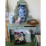 A green painted dressing table and stool