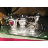 A stainless steel teaset on tray