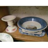 A blue pottery bowl, platter and a Masons stand