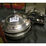 A plated teapot, various plated teaspoons, pair sugar tongs, twist horn handle and magnifier