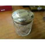 A silver topped and glass jar, two Charles Horner thimbles one silver the other silver faced and