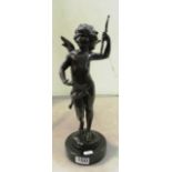 A bronze effect figure cherub holding a bow and a spelter figure winged cherub holding a torch