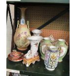 A Worcester style vase decorated flowers, pair of green glazed vases hand painted flowers and a