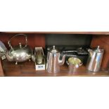 Two side handled plated chocolate pots and other silver-plated items